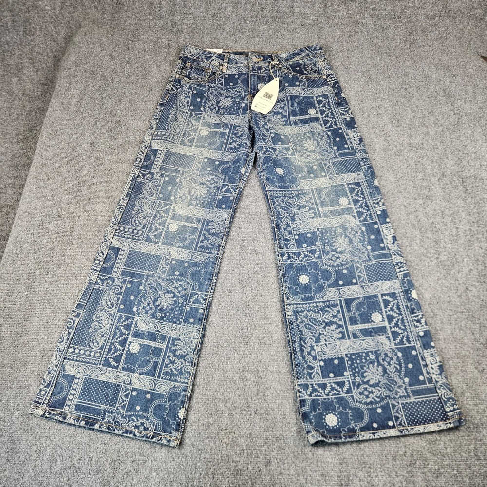 Cali 1850 Bandana Patchwork Wide Leg Jeans Blue White Paisley Print 9/29 NWT - Picture 1 of 14